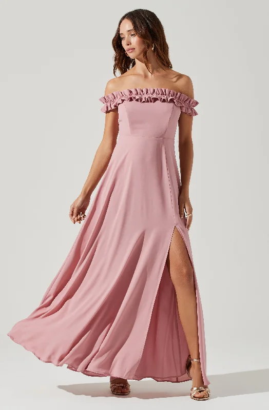 Venetia Off Shoulder Ruffle Trim Maxi Dress Trendy Button Front Maxi Dress