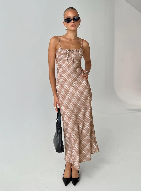 Wallin Maxi Dress Brown Check Comfortable Bohemian Maxi Dress