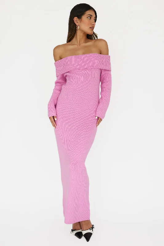 Winter Wonder Off-Shoulder Knit Maxi Dress Pink Elegant Tiered Maxi Dress