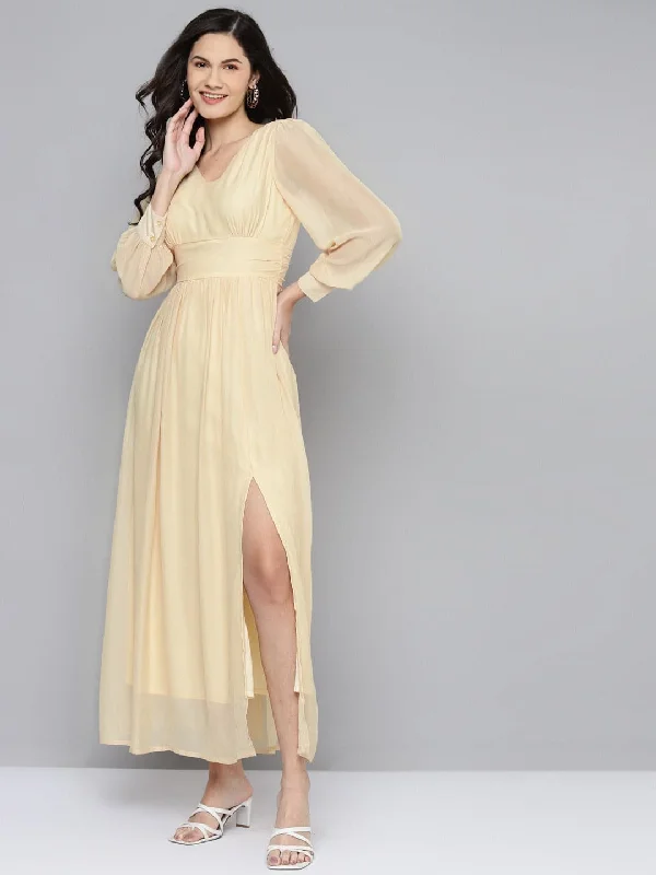 Women Beige V-Neck Maxi Dress Fashionable Faux Wrap Maxi Dress