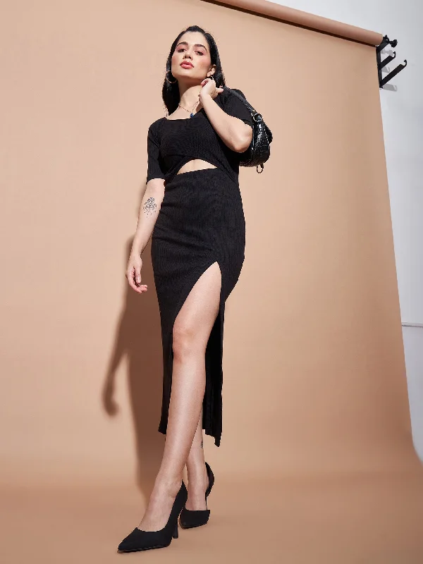 Women Black Side Slit V-Neck Rib Maxi Dress Comfortable Cotton Maxi Dress