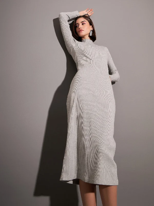Women Grey Rib High Neck Maxi Dress Stylish Pleated A-Line Maxi Dress