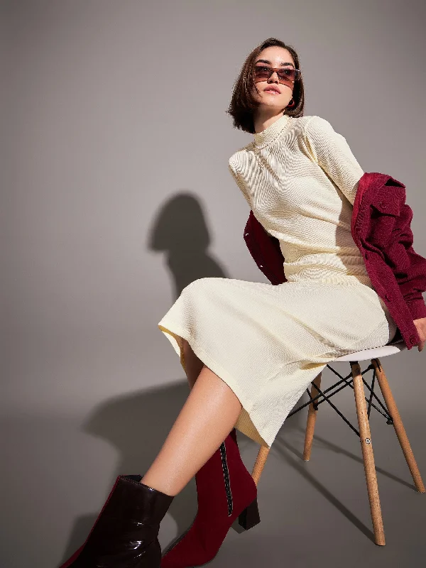 Women Off-White Rib High Neck Maxi Dress Elegant Maxi Dress with Drapes