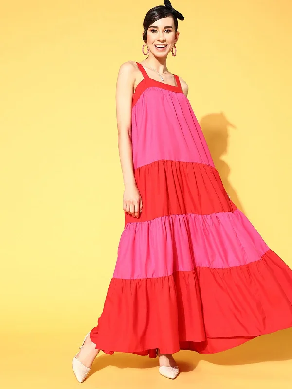 Women Red & Fuchsia ColourBlock Tiered Maxi Dress Trendy Floral Print Maxi Dress