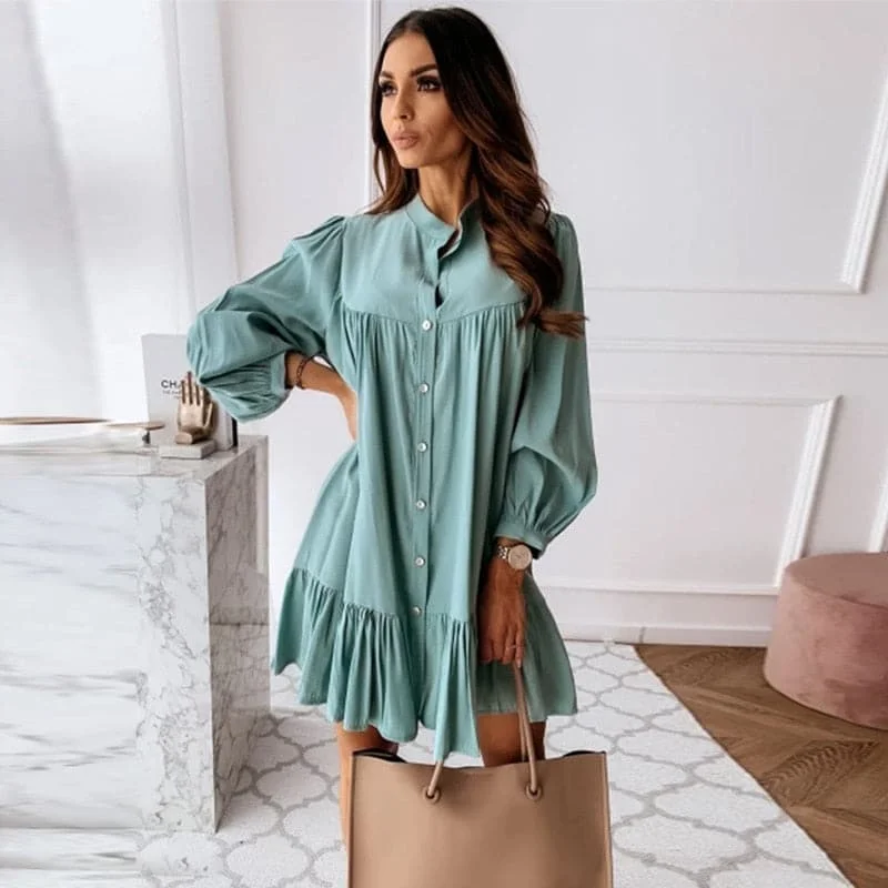 DressBetty - Women Vintage Ruffled Front Button A-line Dress Long Sleeve Stand Collar Solid Elegant Casual Mini Dress Autumn New Dress Fashionable Lace-Trim Mini Dress DressBetty - Women Vintage Ruffled Front Button A-line Dress Long Sleeve Stand Collar Solid Elegant Casual Mini Dress Autumn New Dress Fashionable Lace-Trim Mini Dress