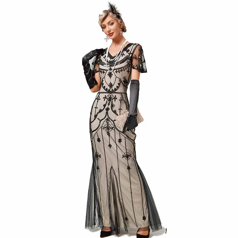 Women's Flapper Dress 1920s V-Neck Evening Gown Sequin Beaded Maxi Dress Elegant Velvet Maxi Dress
