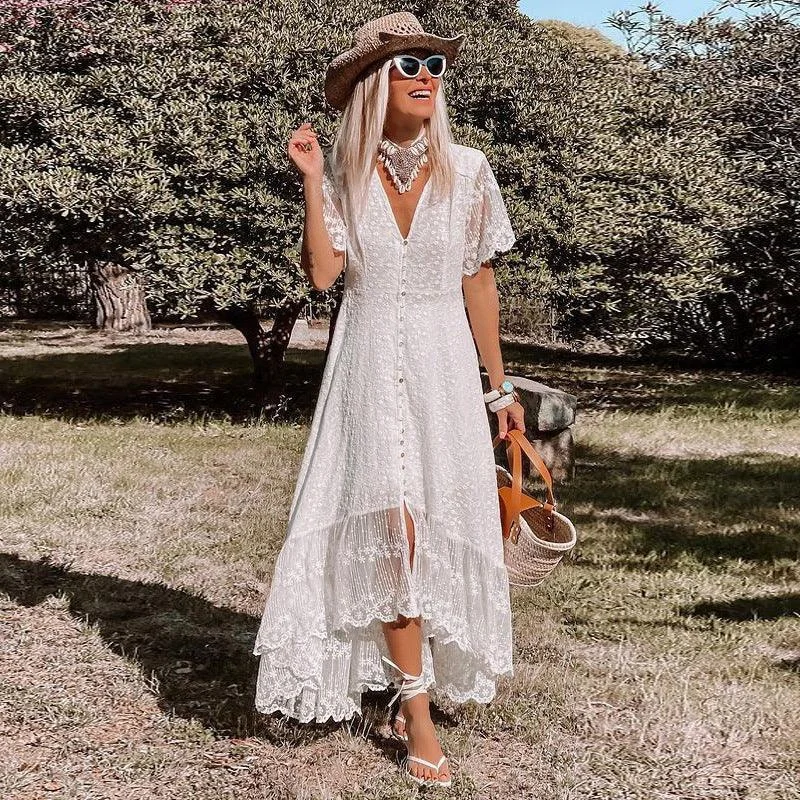 Women's  V-Neck Lace Maxi Dress Elegant Wraparound Maxi Dress