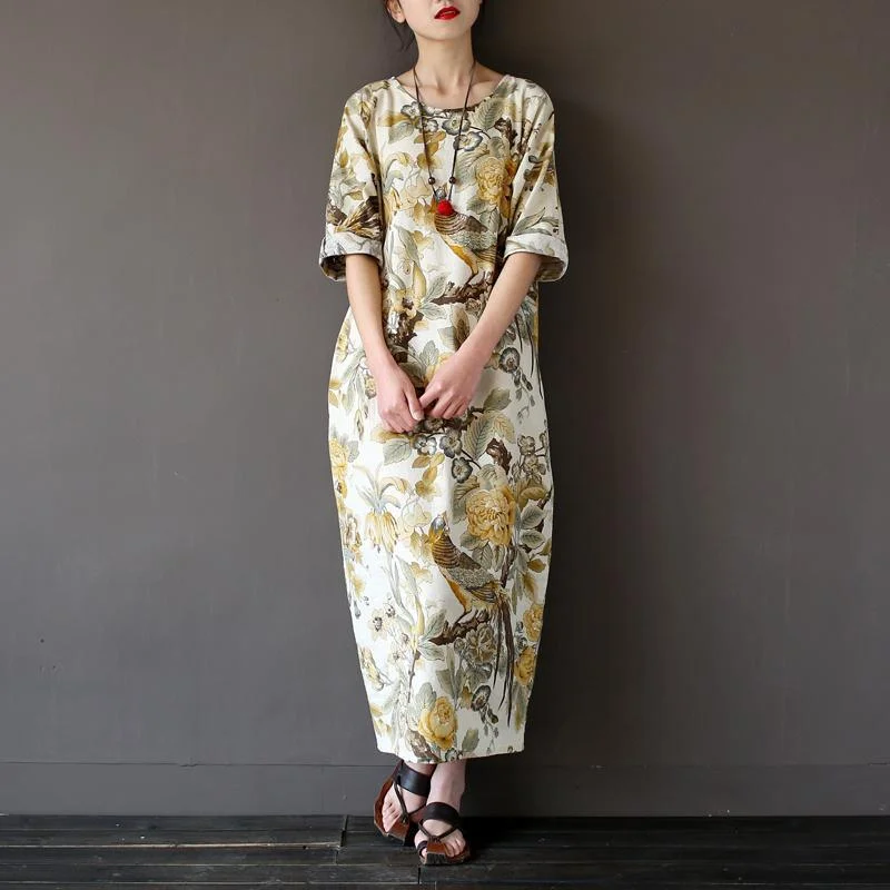 yellow prints vintage cotton dresses plus size casual maxi dress back side open Fashionable Off-Shoulder Maxi Dress
