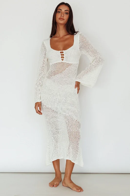 Zizi Long Sleeve Crochet Maxi Dress White Elegant Maxi Dress with Ruffles