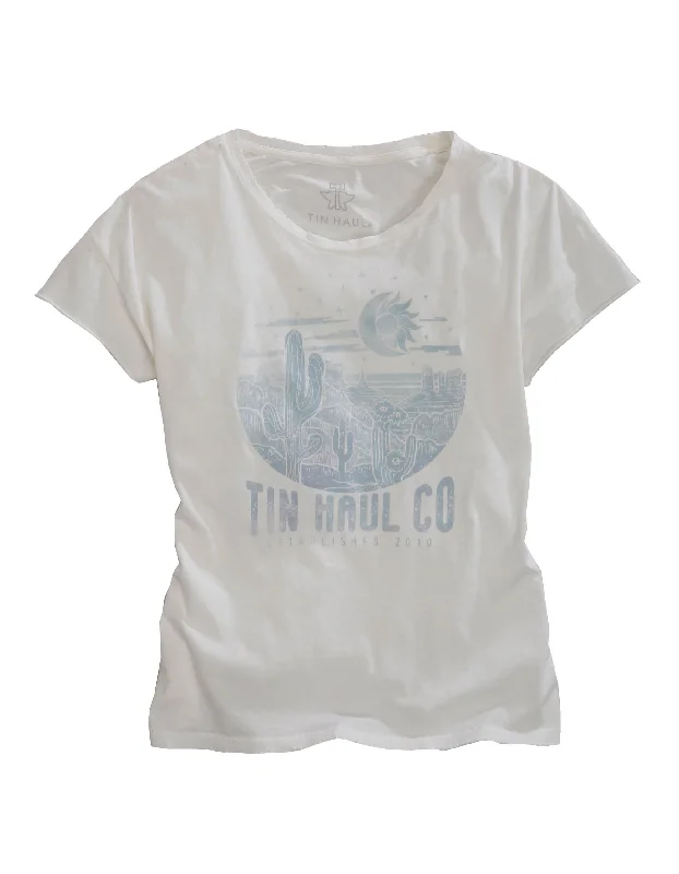 WOMENS BLUE MOON ARISING SCENERY SCREEN PRNT WHITE SHORT SLEEVE T-SHIRT Wool Fabric Cashmere Fabric Tweed Fabric