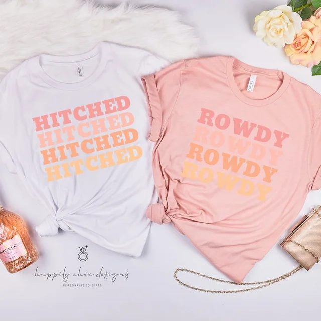 Hitched rowdy bachelorette party shirts- bridal party bridesmaid T-shirts- Nashville country theme shirts- retro colorful Bach babe tee Chenille Brocade Lace Hitched rowdy bachelorette party shirts- bridal party bridesmaid T-shirts- Nashville country theme shirts- retro colorful Bach babe tee Chenille Brocade Lace
