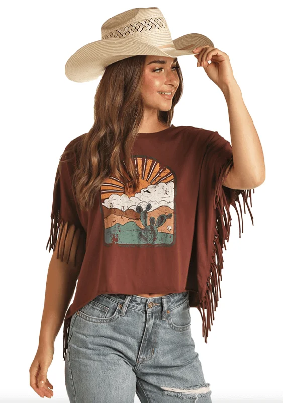 Rock & Roll Cowgirl Women's Brown Desert Fringe Tee RRWT21R0YM Iron Safe Non-Iron Wrinkle Free Rock & Roll Cowgirl Women's Brown Desert Fringe Tee RRWT21R0YM Iron Safe Non-Iron Wrinkle Free