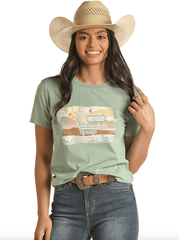 Rock & Roll Cowgirl Women's Motel Sunset Turquoise Tee RRWT21R0YG Spandex Blend Rayon Blend Denim Blend Rock & Roll Cowgirl Women's Motel Sunset Turquoise Tee RRWT21R0YG Spandex Blend Rayon Blend Denim Blend