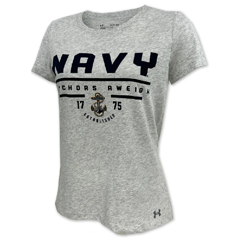 Navy Ladies Under Armour Anchors Aweigh T-Shirt (Silver Heather) Welt Pockets Slit Pockets Navy Ladies Under Armour Anchors Aweigh T-Shirt (Silver Heather) Welt Pockets Slit Pockets