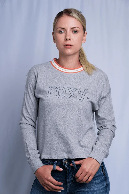 Roxy Women's Heather Grey Orange Crew Neck L/S T-Shirt (S01) Knit Fabric Woven Fabric Fleece Fabric