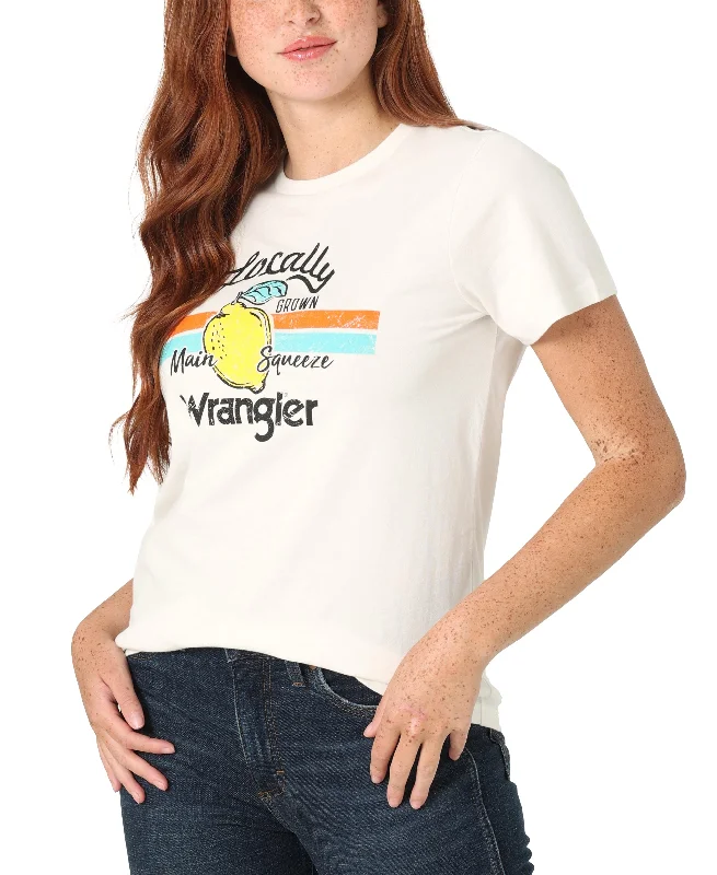 Wrangler Womens Locally Grown Logo Graphic T-Shirt Notch Collar Peter Pan Collar Cowl Neck