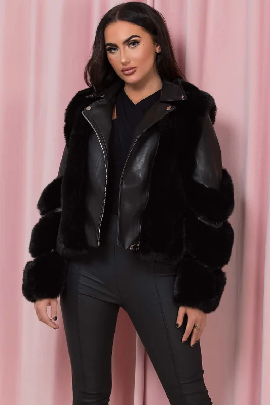 Black Faux Leather Aviator Jacket With Faux Fur Striped Jacket Polka Dot Jacket Floral Jacket Black Faux Leather Aviator Jacket With Faux Fur Striped Jacket Polka Dot Jacket Floral Jacket