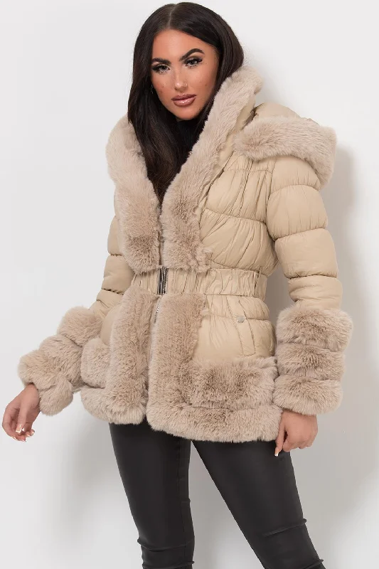 Faux Fur Trim Puffer Hooded Down Jacket With Belt Beige A-Line Jacket Boat Neck Shawl Collar Faux Fur Trim Puffer Hooded Down Jacket With Belt Beige A-Line Jacket Boat Neck Shawl Collar
