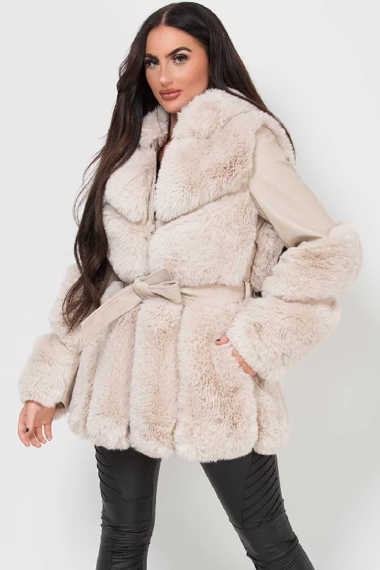 Faux Leather Faux Fur Panel Hooded Jacket With Belt Cream Fleece Jacket Down Jacket Feather Jacket Faux Leather Faux Fur Panel Hooded Jacket With Belt Cream Fleece Jacket Down Jacket Feather Jacket