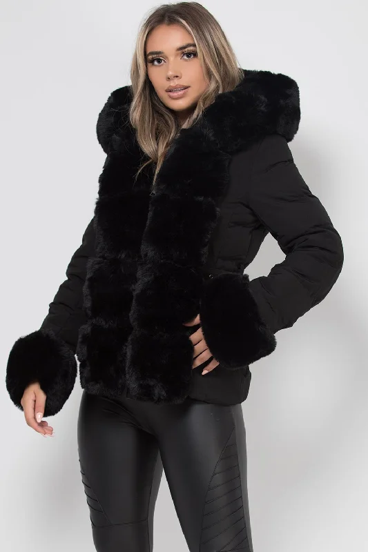 Puffer Jacket With Luxury Faux Fur Hood And Trim Black Knit Jacket Woven Jacket Fleece Jacket Puffer Jacket With Luxury Faux Fur Hood And Trim Black Knit Jacket Woven Jacket Fleece Jacket