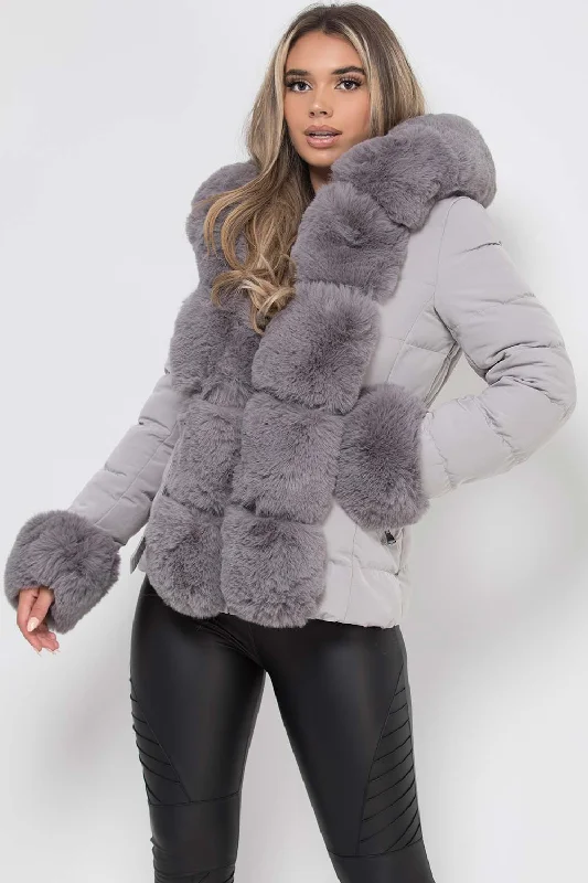 Puffer Jacket With Luxury Faux Fur Hood And Trim Grey Faux Fur Jacket Real Fur Jacket Shearling Jacket Puffer Jacket With Luxury Faux Fur Hood And Trim Grey Faux Fur Jacket Real Fur Jacket Shearling Jacket
