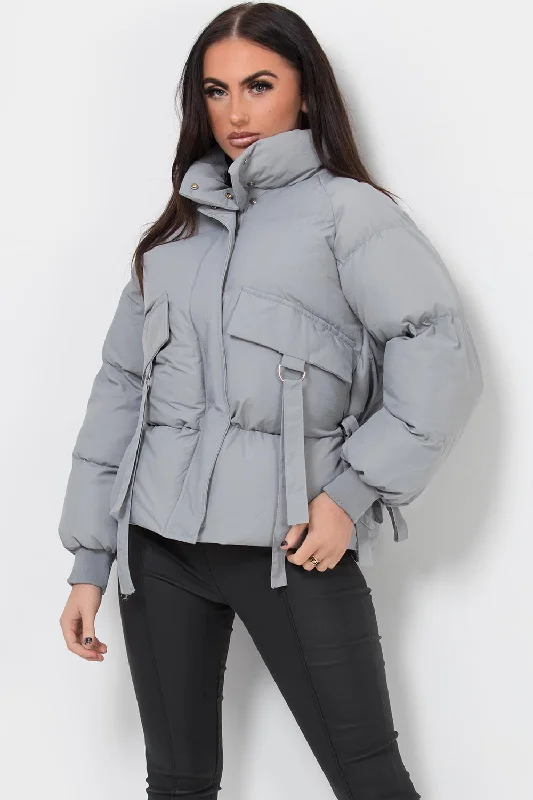 Puffer Jacket With Pocket Detail Grey Faux Fur Fabric Real Fur Fabric Shearling Fabric Puffer Jacket With Pocket Detail Grey Faux Fur Fabric Real Fur Fabric Shearling Fabric