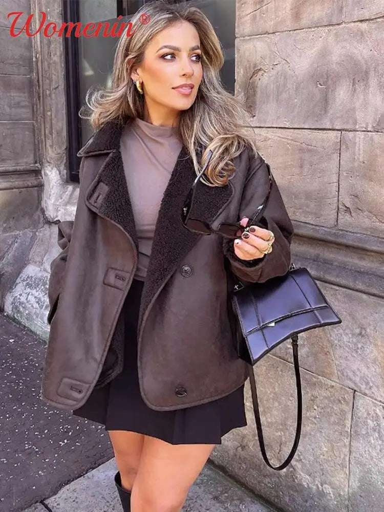 Znbbw Faux Leather Lambswool Jacket Women Autumn Winter 2024 Lapel Vintage Single Breasted Coats Female Pocket Warm Streetwear Mesh Jacket Canvas Jacket Denim Jacket Znbbw Faux Leather Lambswool Jacket Women Autumn Winter 2024 Lapel Vintage Single Breasted Coats Female Pocket Warm Streetwear Mesh Jacket Canvas Jacket Denim Jacket