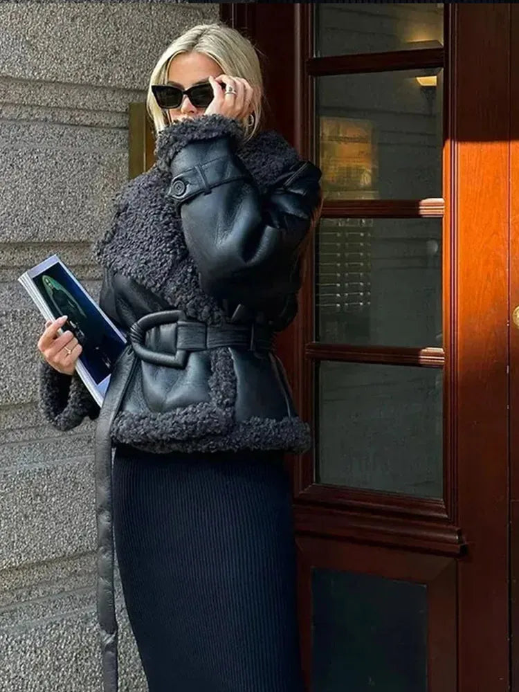 Znbbw Fur Leather Jacket Women Waist Belt Fashion Solid Plush Patchwork Long Sleeve Thicken Coat 2024 Winter Black Lady Outwear Appliqued Jacket Beaded Jacket Sequined Jacket Znbbw Fur Leather Jacket Women Waist Belt Fashion Solid Plush Patchwork Long Sleeve Thicken Coat 2024 Winter Black Lady Outwear Appliqued Jacket Beaded Jacket Sequined Jacket