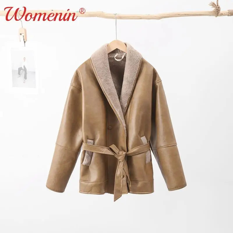 Znbbw Winter Leather Jacket Women 2024 New Female Vintage Lapel Faux Wool Belt Coat Thicken Warm Oversize Highstreet Outwear Top Cotton Jacket Linen Jacket Terry Jacket Znbbw Winter Leather Jacket Women 2024 New Female Vintage Lapel Faux Wool Belt Coat Thicken Warm Oversize Highstreet Outwear Top Cotton Jacket Linen Jacket Terry Jacket