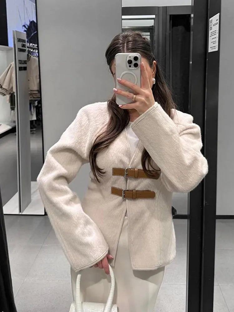 Znbbw Woolen V-neck Jacket Women 2024 Spring Summer Solid Temperament Slim Long Sleeve Buckle Coats Elegant Lady Office Overcoat Denim Jacket Leather Jacket Suede Jacket Znbbw Woolen V-neck Jacket Women 2024 Spring Summer Solid Temperament Slim Long Sleeve Buckle Coats Elegant Lady Office Overcoat Denim Jacket Leather Jacket Suede Jacket