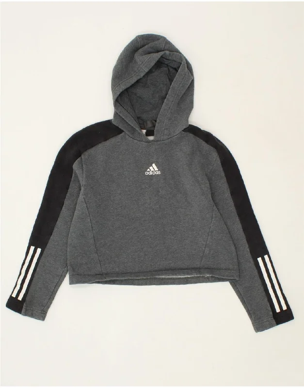 ADIDAS Girls Crop Hoodie Jumper 11-12 Years Grey Colourblock Cotton Hoodie with Frayed Bohemian Relaxed ADIDAS Girls Crop Hoodie Jumper 11-12 Years Grey Colourblock Cotton Hoodie with Frayed Bohemian Relaxed