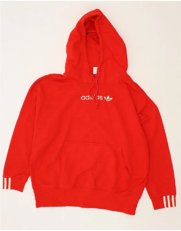 ADIDAS Womens Graphic Hoodie Jumper UK 12 Medium Red Cotton Hoodie with Hem Raw Edge Edgy Unfinished ADIDAS Womens Graphic Hoodie Jumper UK 12 Medium Red Cotton Hoodie with Hem Raw Edge Edgy Unfinished