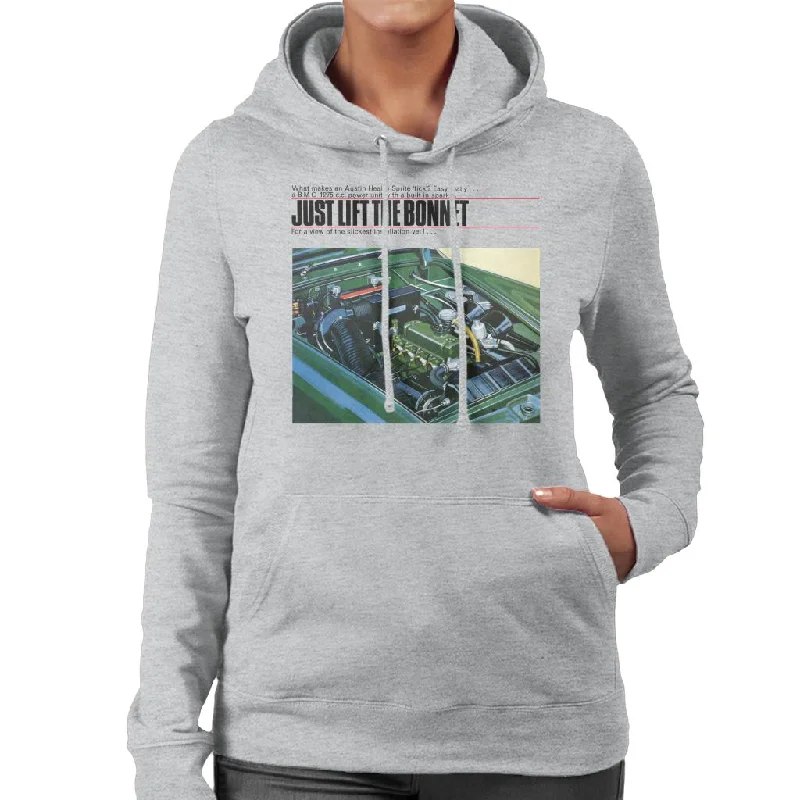 Austin Healey Just Lift The Bonnet British Motor Heritage Women's Hooded Sweatshirt Hoodie with Rhinestones Sparkly Elegant Austin Healey Just Lift The Bonnet British Motor Heritage Women's Hooded Sweatshirt Hoodie with Rhinestones Sparkly Elegant