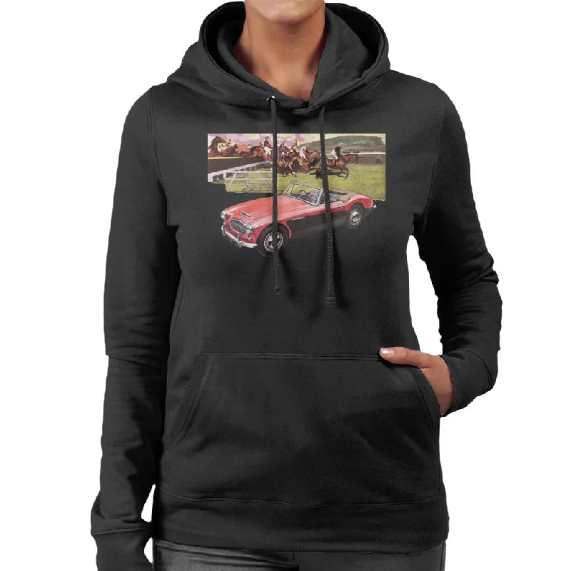Austin Healey Sports Horses Jump British Motor Heritage Women's Hooded Sweatshirt Hoodie with Turtle Neck Cozy Winter Austin Healey Sports Horses Jump British Motor Heritage Women's Hooded Sweatshirt Hoodie with Turtle Neck Cozy Winter