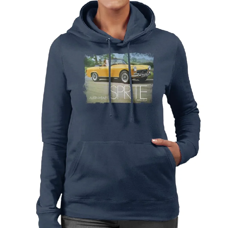 Austin Healey Sprite Mark IV Yellow British Motor Heritage Women's Hooded Sweatshirt Hoodie with Hem Drawcord Adjustable Customizable Austin Healey Sprite Mark IV Yellow British Motor Heritage Women's Hooded Sweatshirt Hoodie with Hem Drawcord Adjustable Customizable