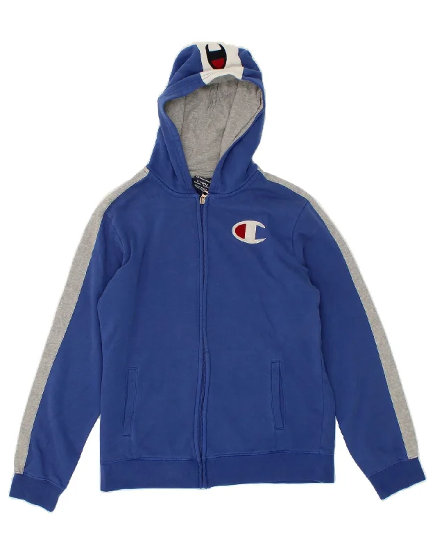 CHAMPION Boys Graphic Zip Hoodie Sweater 13-14 Years XL Blue Colourblock Hoodie with Fur Luxurious Winter CHAMPION Boys Graphic Zip Hoodie Sweater 13-14 Years XL Blue Colourblock Hoodie with Fur Luxurious Winter