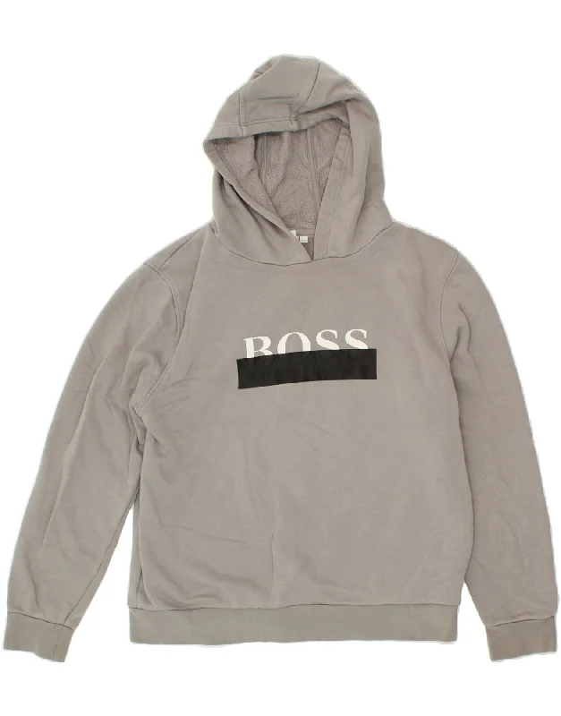 HUGO BOSS Boys Graphic Hoodie Jumper 13-14 Years Small Grey Cotton Hoodie with Raw Hem Edgy Unfinished HUGO BOSS Boys Graphic Hoodie Jumper 13-14 Years Small Grey Cotton Hoodie with Raw Hem Edgy Unfinished