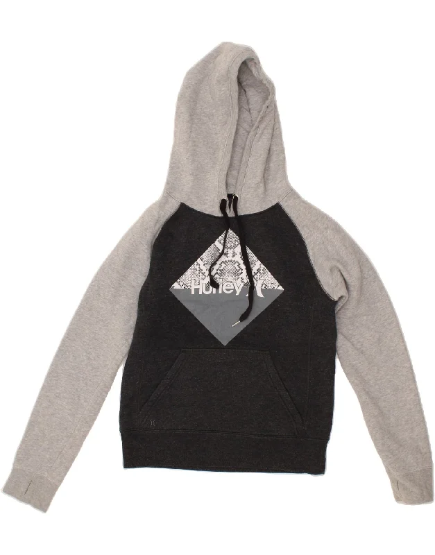 HURLEY Womens Graphic Hoodie Jumper UK 6 XS Black Colourblock Cotton Hoodie with Hem Applique Textured Unique HURLEY Womens Graphic Hoodie Jumper UK 6 XS Black Colourblock Cotton Hoodie with Hem Applique Textured Unique