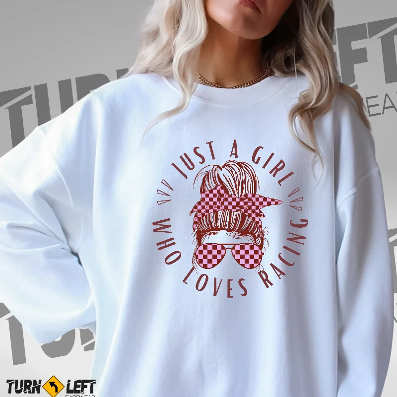 Just A Girl Who Loves Racing Messy Bun Crewneck Sweatshirt Hoodie with Drawcord Adjustable Secure Just A Girl Who Loves Racing Messy Bun Crewneck Sweatshirt Hoodie with Drawcord Adjustable Secure
