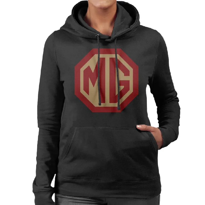 MG Red And Gold Logo British Motor Heritage Women's Hooded Sweatshirt Hoodie with Hem Embroidery Detailed Premium MG Red And Gold Logo British Motor Heritage Women's Hooded Sweatshirt Hoodie with Hem Embroidery Detailed Premium