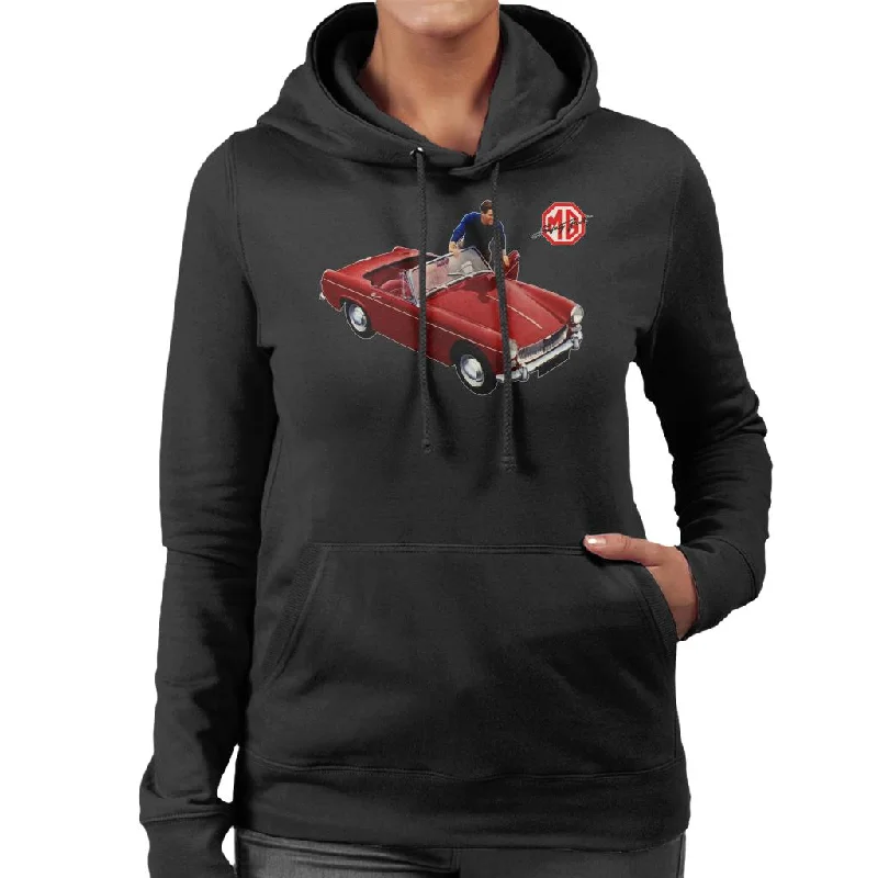 MG Red Getting In Car British Motor Heritage Women's Hooded Sweatshirt Cotton Hoodie Fleece Lining Warmth MG Red Getting In Car British Motor Heritage Women's Hooded Sweatshirt Cotton Hoodie Fleece Lining Warmth