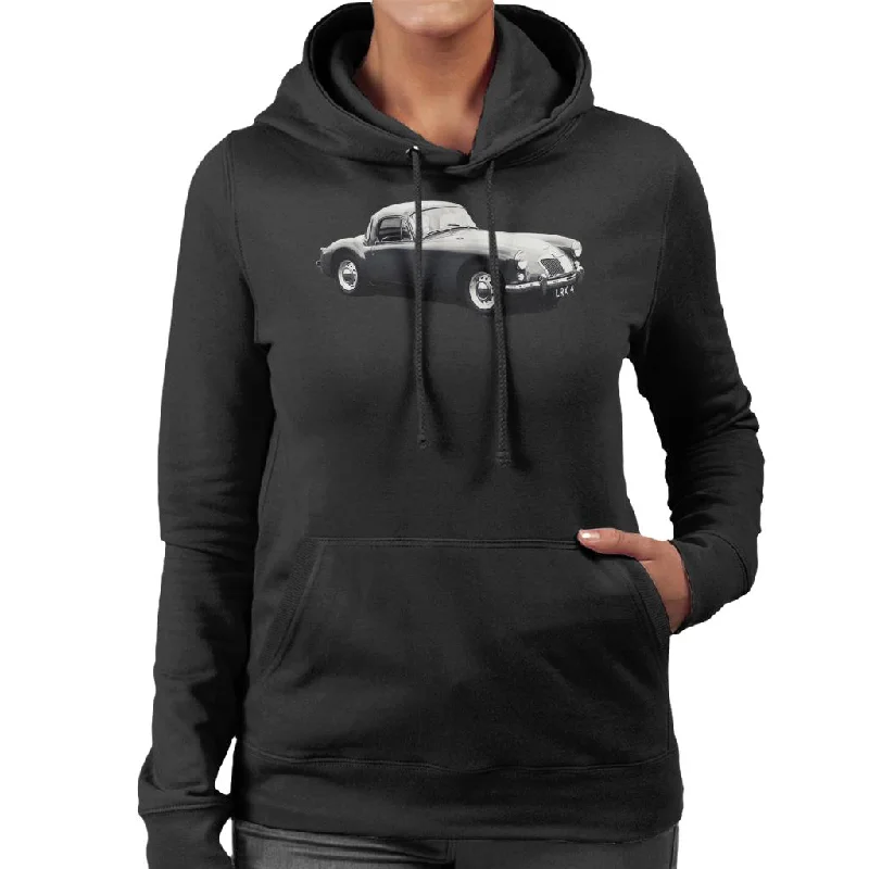 MG Side View British Motor Heritage Women's Hooded Sweatshirt Hoodie with Mock Neck Collared Structured MG Side View British Motor Heritage Women's Hooded Sweatshirt Hoodie with Mock Neck Collared Structured