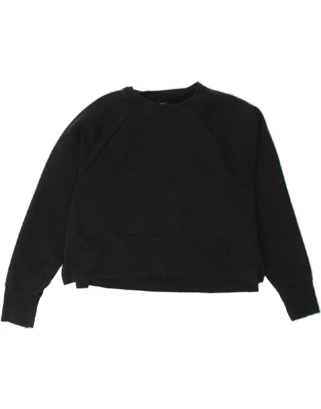 NIKE Womens Crop Graphic Sweatshirt Jumper UK 14 Medium Black Cotton Hoodie with Hem Elastic Stretchable Comfortable NIKE Womens Crop Graphic Sweatshirt Jumper UK 14 Medium Black Cotton Hoodie with Hem Elastic Stretchable Comfortable