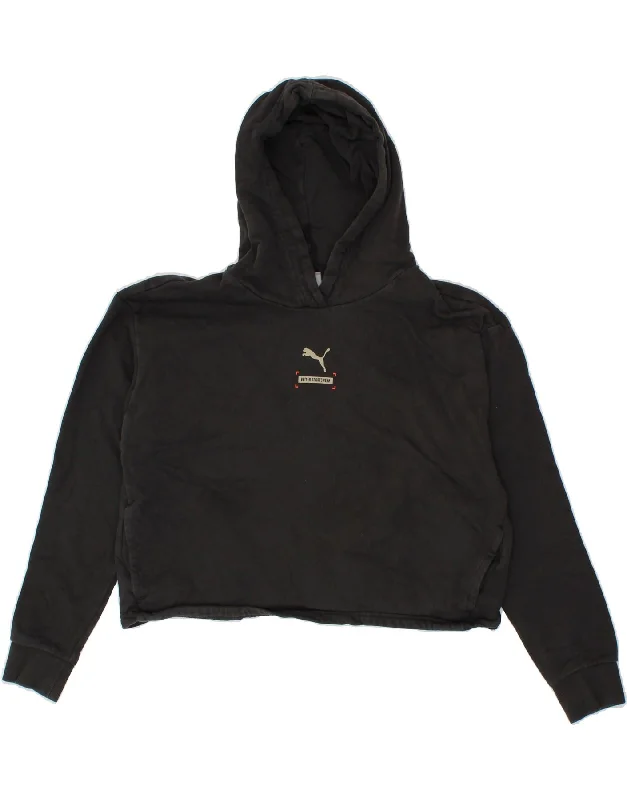 PUMA Womens Crop Hoodie Jumper UK 14 Medium Black Cotton Zip Hoodie Drawstring Kangaroo Pocket PUMA Womens Crop Hoodie Jumper UK 14 Medium Black Cotton Zip Hoodie Drawstring Kangaroo Pocket