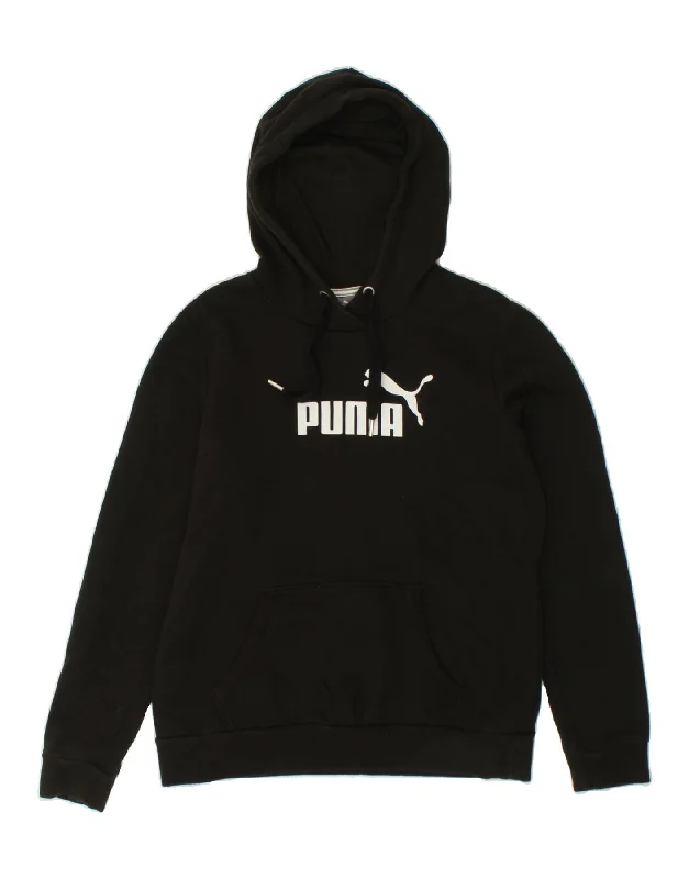 PUMA Womens Graphic Hoodie Jumper UK 12 Medium Black Cotton Hoodie with Front Slit Layering Stylish PUMA Womens Graphic Hoodie Jumper UK 12 Medium Black Cotton Hoodie with Front Slit Layering Stylish