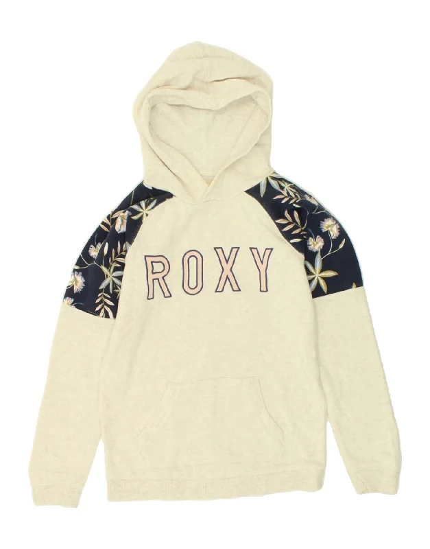 ROXY Girls Graphic Hoodie Jumper 12-13 Years 2XL Off White Floral Hoodie with Emblem Brand Identity ROXY Girls Graphic Hoodie Jumper 12-13 Years 2XL Off White Floral Hoodie with Emblem Brand Identity