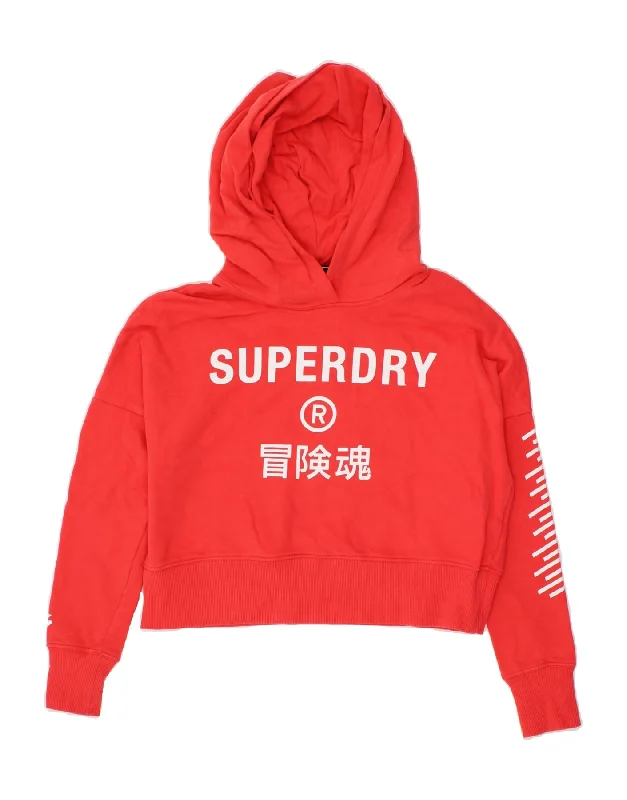 SUPERDRY Womens Crop Graphic Hoodie Jumper UK 6 XS Red Cotton Hoodie with Hem Raw Edge Edgy Unfinished SUPERDRY Womens Crop Graphic Hoodie Jumper UK 6 XS Red Cotton Hoodie with Hem Raw Edge Edgy Unfinished
