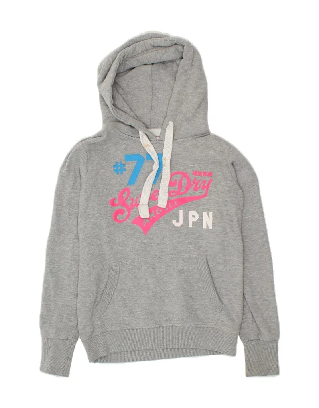 SUPERDRY Womens Graphic Hoodie Jumper UK 10 Small Grey Cotton Hoodie with Hem Embroidery Detailed Premium SUPERDRY Womens Graphic Hoodie Jumper UK 10 Small Grey Cotton Hoodie with Hem Embroidery Detailed Premium