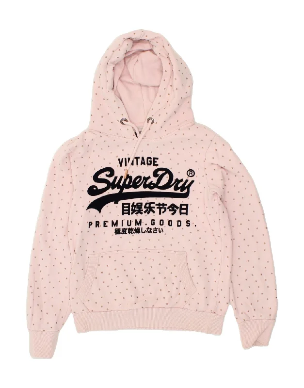 SUPERDRY Womens Graphic Hoodie Jumper UK 10 Small Pink Spotted Cotton Hoodie with High-Low Hem Asymmetrical Trendy SUPERDRY Womens Graphic Hoodie Jumper UK 10 Small Pink Spotted Cotton Hoodie with High-Low Hem Asymmetrical Trendy