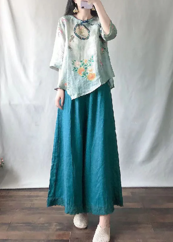 Casual Light Green O-Neck Print Shirts And Maxi Skirts Two Pieces Set Summer linen skirt natural Casual Light Green O-Neck Print Shirts And Maxi Skirts Two Pieces Set Summer linen skirt natural